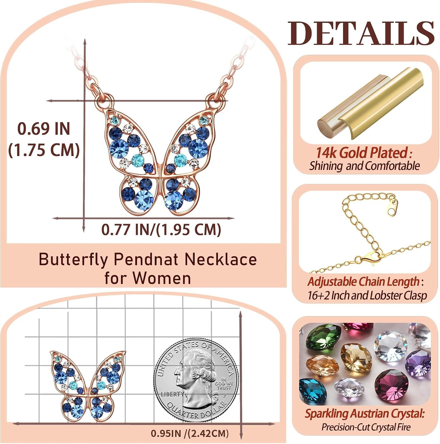 image:imageEVEVIC Austrian Crystal Colorful Butterfly Pendant Necklace for Women  162 adjustable chain14K gold plated brassmulticolored austrian crystallobster claspgift boxdelicate butterfly designBlue Green CrystalsRose Goldtone
