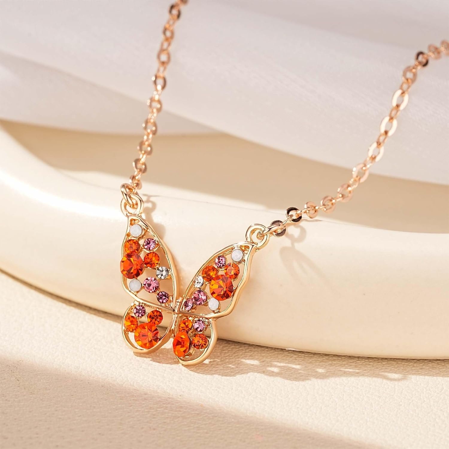 image:imageEVEVIC Austrian Crystal Colorful Butterfly Pendant Necklace for Women  162 adjustable chain14K gold plated brassmulticolored austrian crystallobster claspgift boxdelicate butterfly designRed Main CrystalRose Goldtone
