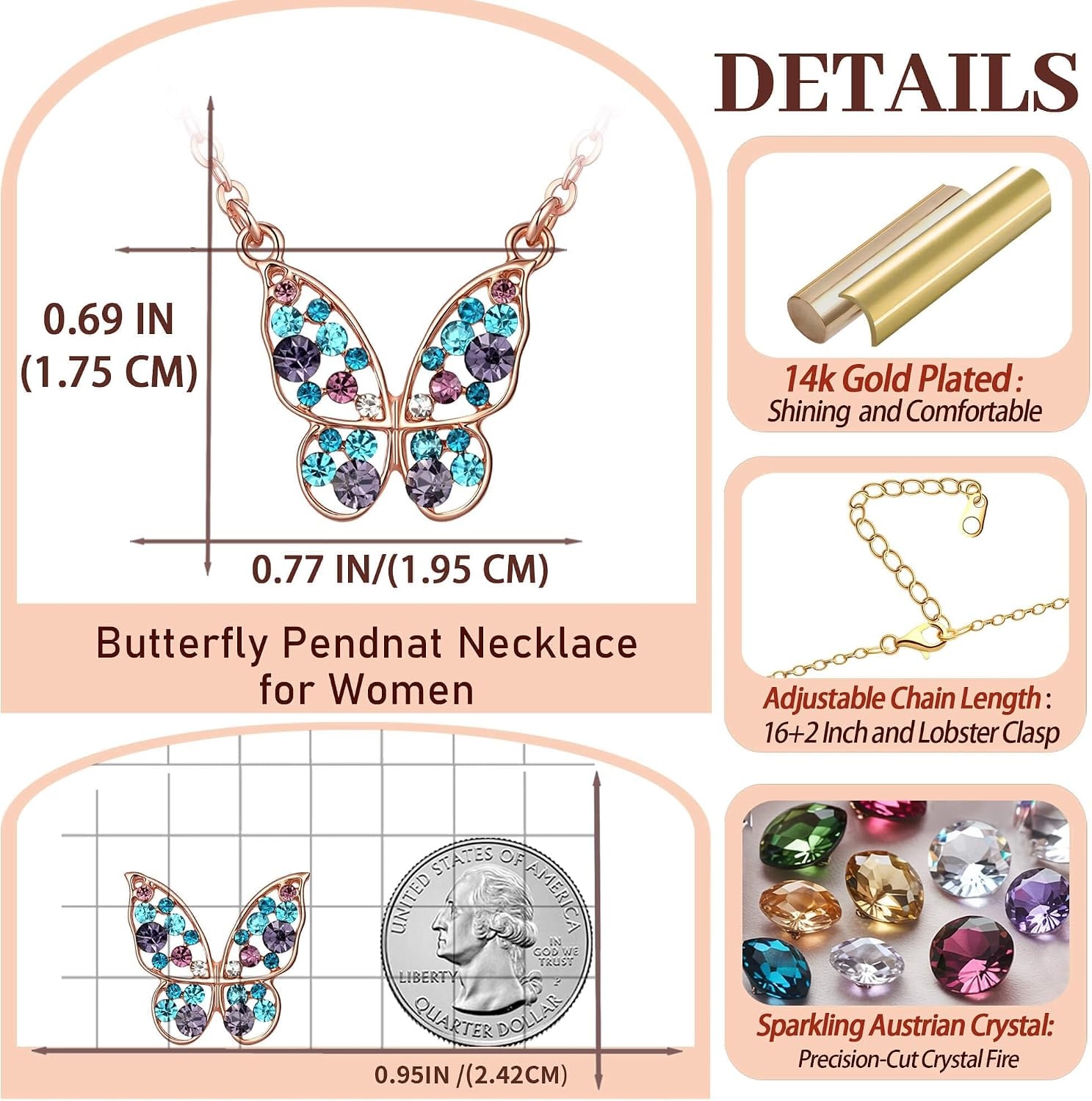 image:imageEVEVIC Austrian Crystal Colorful Butterfly Pendant Necklace for Women  162 adjustable chain14K gold plated brassmulticolored austrian crystallobster claspgift boxdelicate butterfly designPurple Main CrystalRose Goldtone