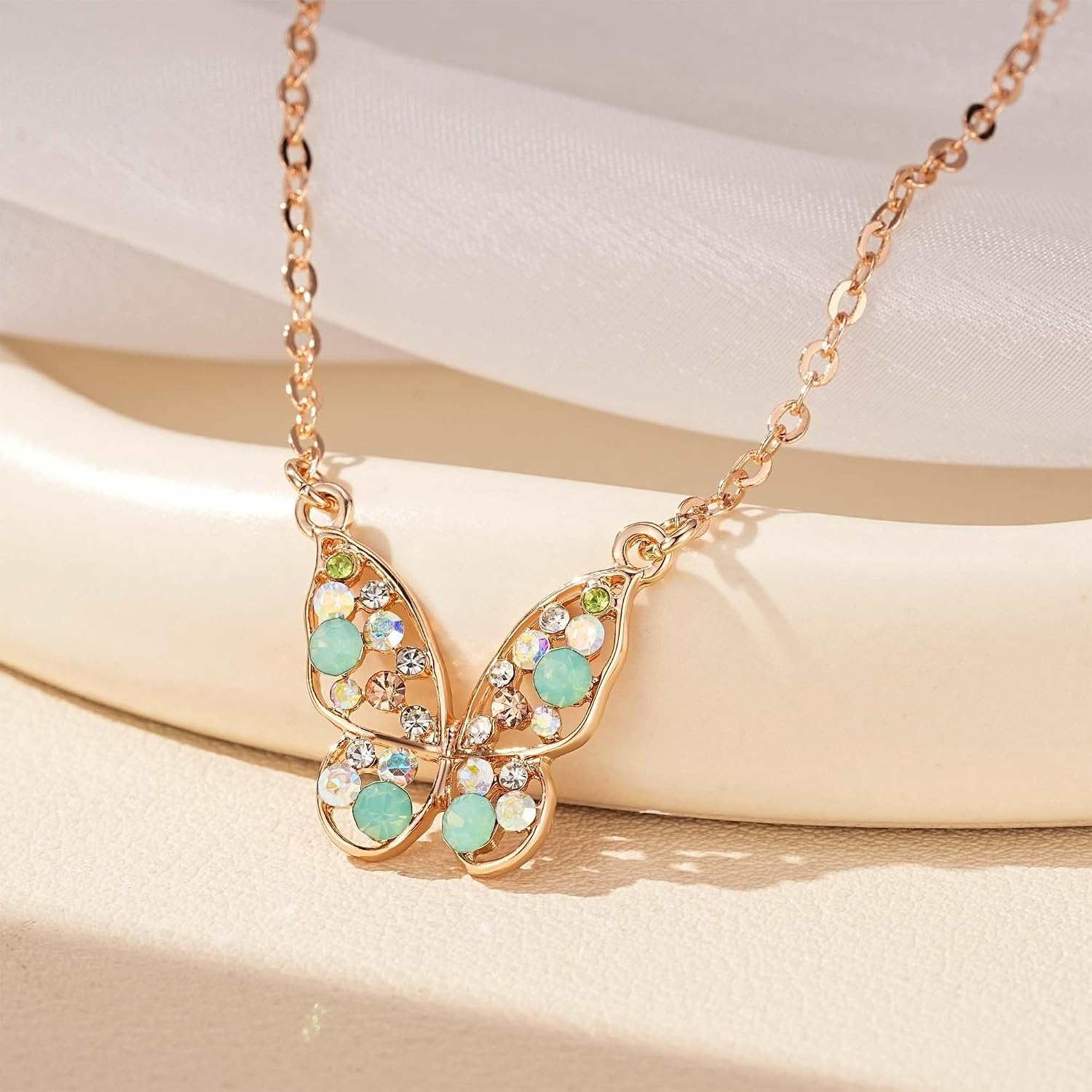 image:imageEVEVIC Austrian Crystal Colorful Butterfly Pendant Necklace for Women  162 adjustable chain14K gold plated brassmulticolored austrian crystallobster claspgift boxdelicate butterfly designGreen OpalAurora Borealis Crystal