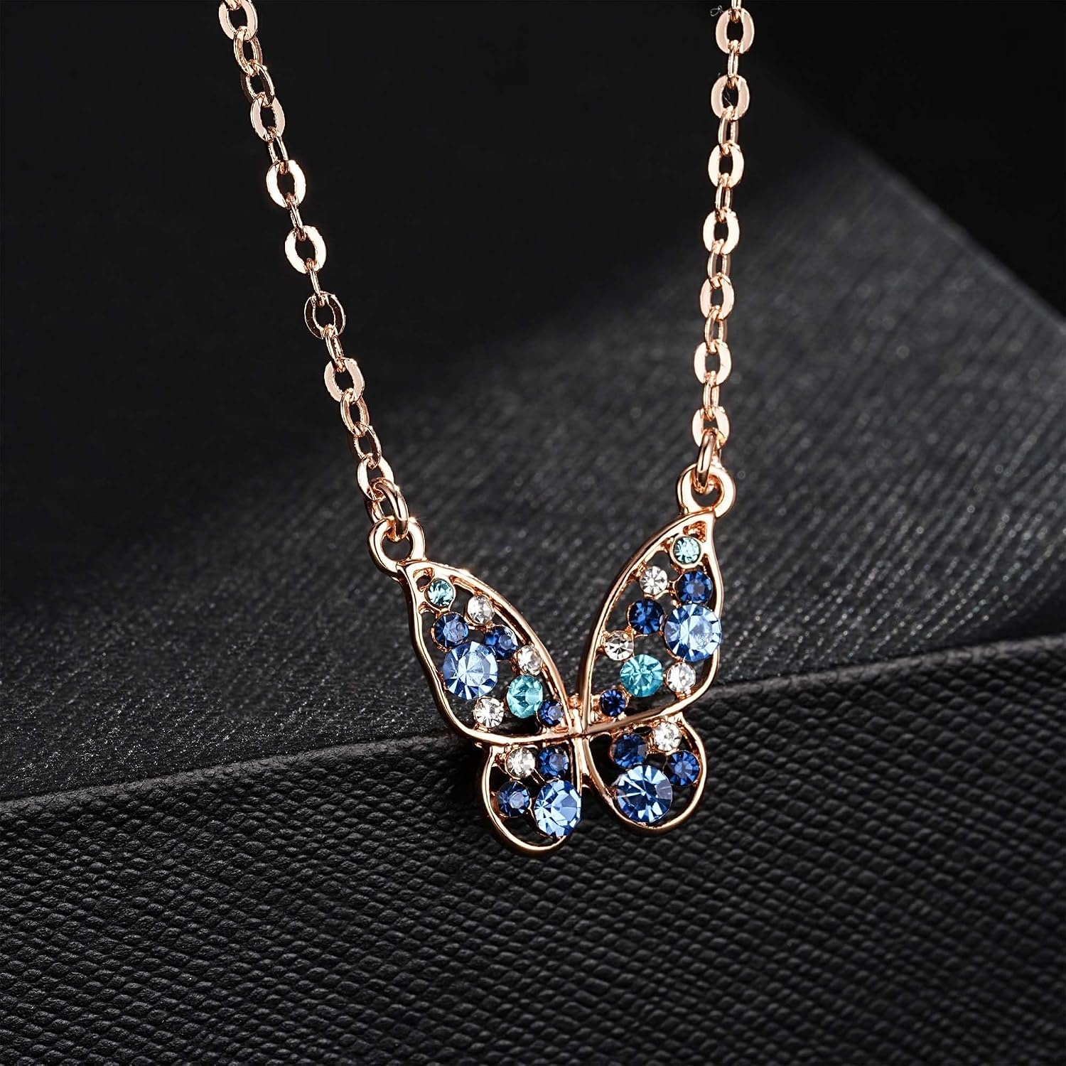 image:imageEVEVIC Austrian Crystal Colorful Butterfly Pendant Necklace for Women  162 adjustable chain14K gold plated brassmulticolored austrian crystallobster claspgift boxdelicate butterfly designBlue Green CrystalsRose Goldtone