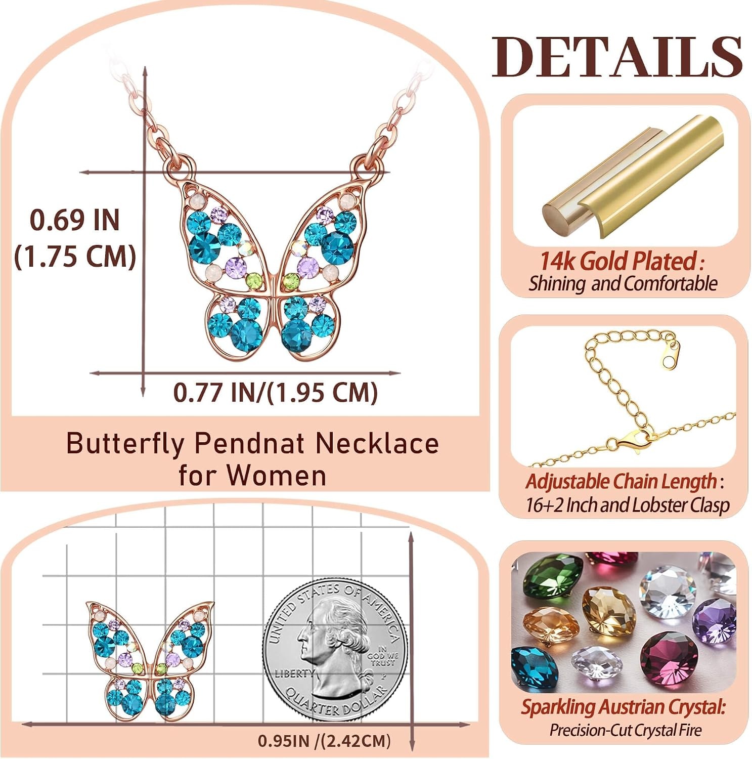 image:imageEVEVIC Austrian Crystal Colorful Butterfly Pendant Necklace for Women  162 adjustable chain14K gold plated brassmulticolored austrian crystallobster claspgift boxdelicate butterfly designBlue Main CrystalRose Goldtone