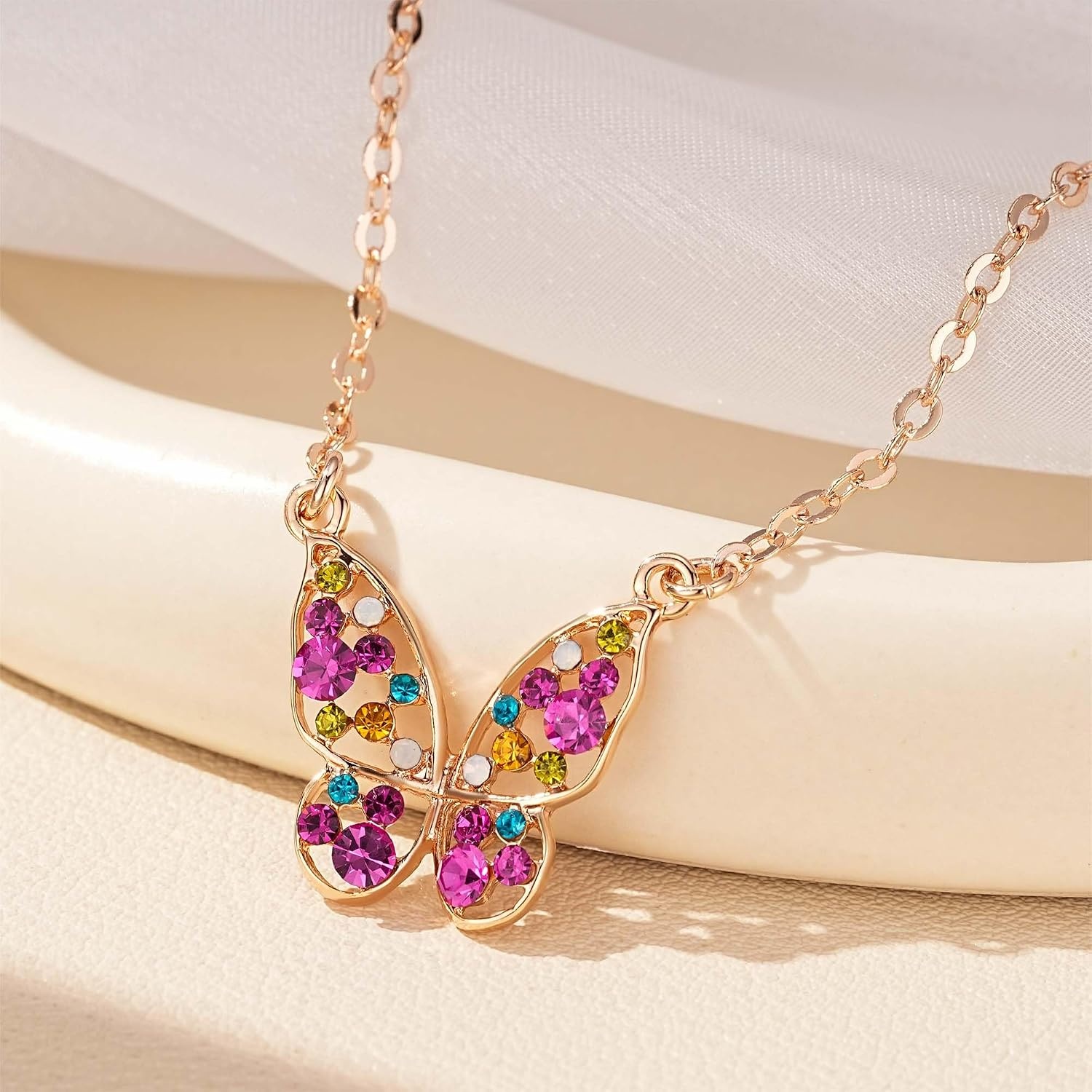 image:imageEVEVIC Austrian Crystal Colorful Butterfly Pendant Necklace for Women  162 adjustable chain14K gold plated brassmulticolored austrian crystallobster claspgift boxdelicate butterfly designRose Main CrystalRose Goldtone