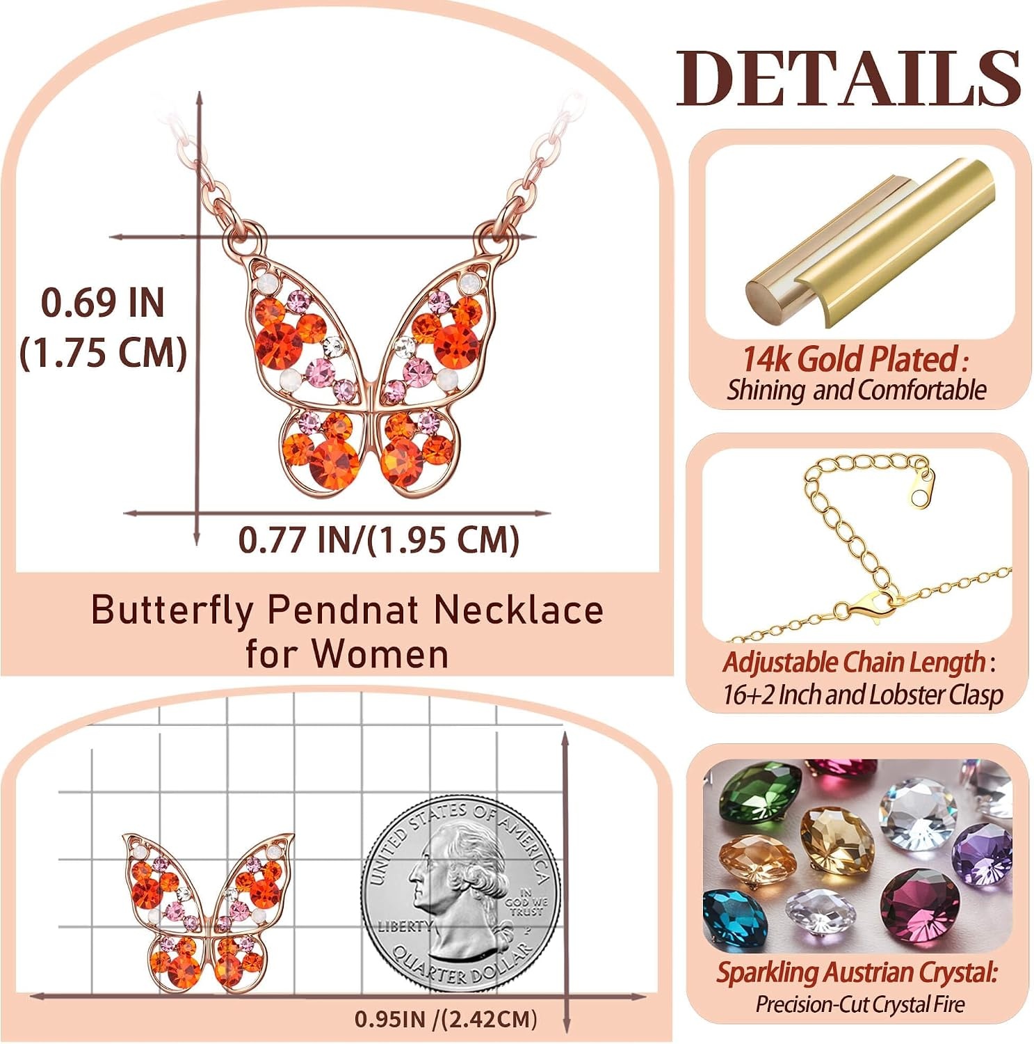 image:imageEVEVIC Austrian Crystal Colorful Butterfly Pendant Necklace for Women  162 adjustable chain14K gold plated brassmulticolored austrian crystallobster claspgift boxdelicate butterfly designRed Main CrystalRose Goldtone