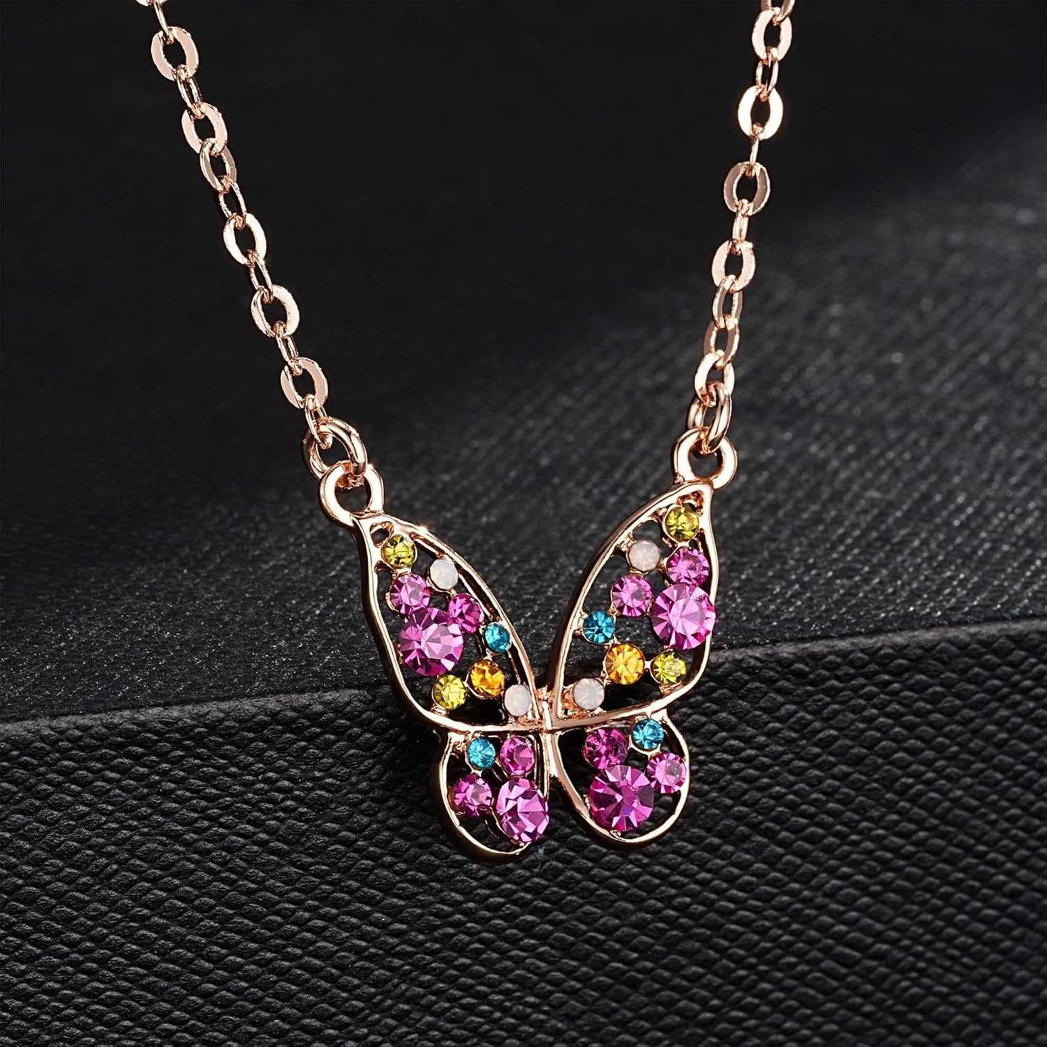 image:imageEVEVIC Austrian Crystal Colorful Butterfly Pendant Necklace for Women  162 adjustable chain14K gold plated brassmulticolored austrian crystallobster claspgift boxdelicate butterfly designRose Main CrystalRose Goldtone