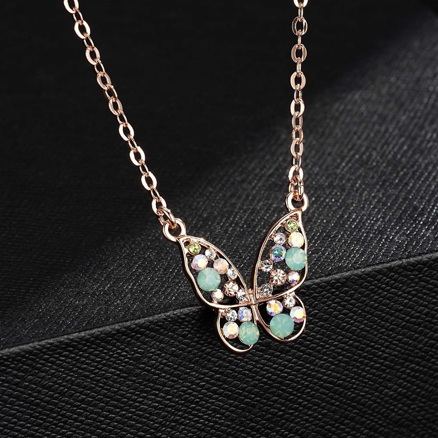 image:imageEVEVIC Austrian Crystal Colorful Butterfly Pendant Necklace for Women  162 adjustable chain14K gold plated brassmulticolored austrian crystallobster claspgift boxdelicate butterfly designGreen OpalAurora Borealis Crystal