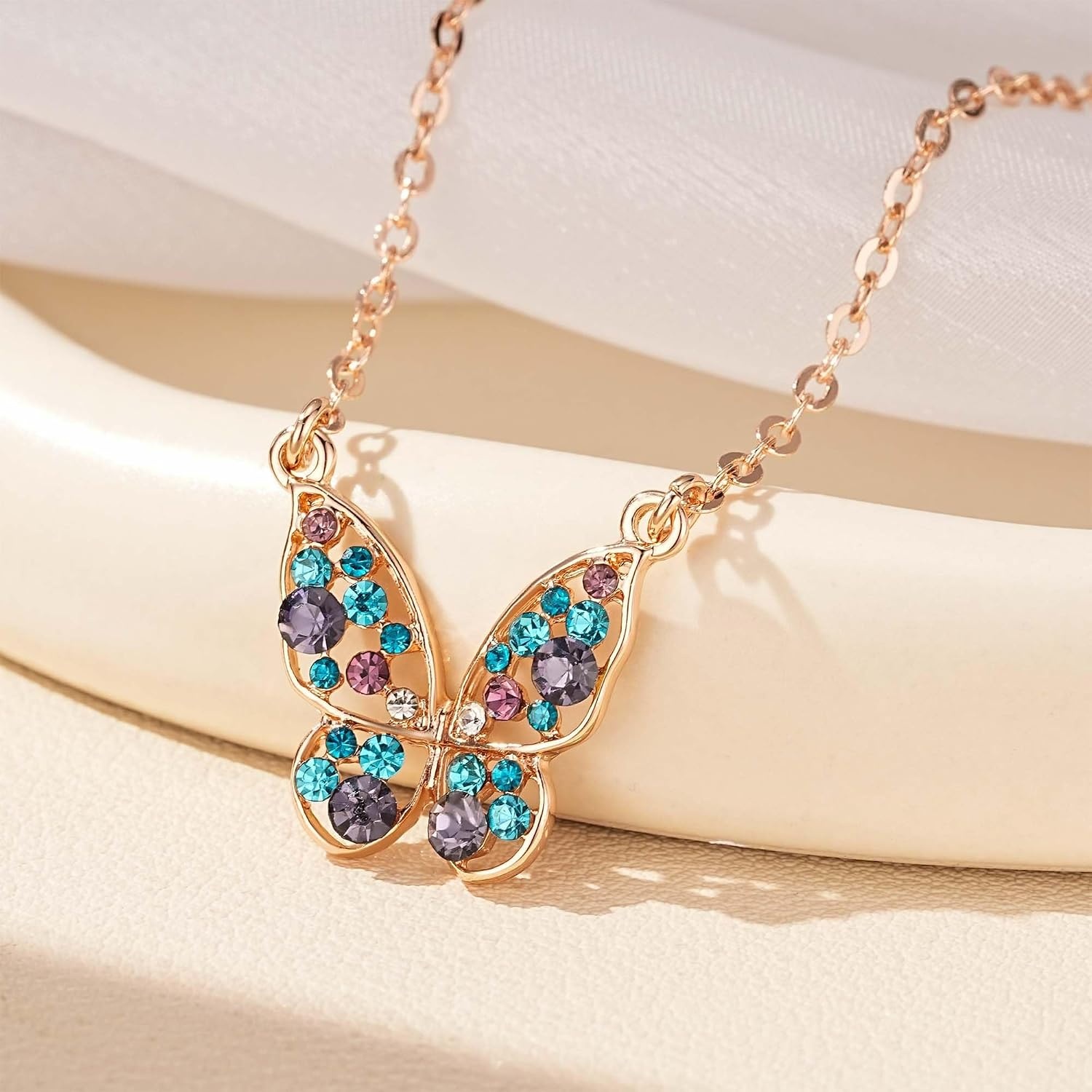 image:imageEVEVIC Austrian Crystal Colorful Butterfly Pendant Necklace for Women  162 adjustable chain14K gold plated brassmulticolored austrian crystallobster claspgift boxdelicate butterfly designPurple Main CrystalRose Goldtone