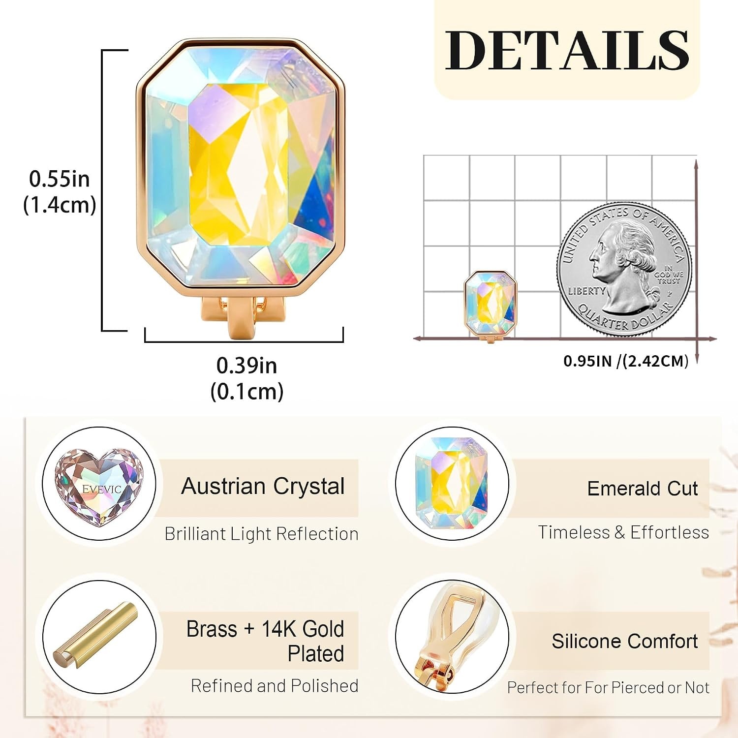 image:imageEVEVIC Austrian Crystal Octagon Clip On Earrings for Women Fashion 14K Gold Plated Non Pierced for Sensitive Ears Jewelry GiftsAurora Borealis