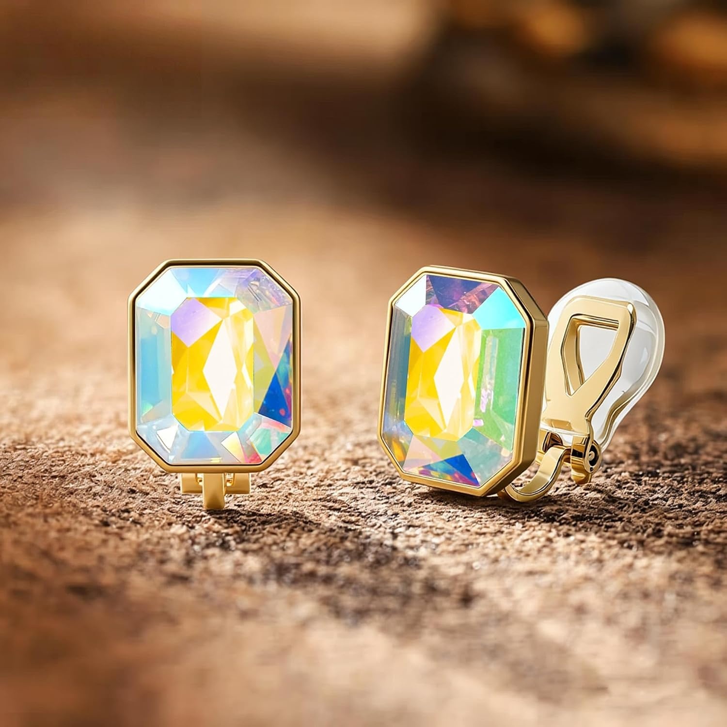 image:imageEVEVIC Austrian Crystal Octagon Clip On Earrings for Women Fashion 14K Gold Plated Non Pierced for Sensitive Ears Jewelry GiftsAurora Borealis