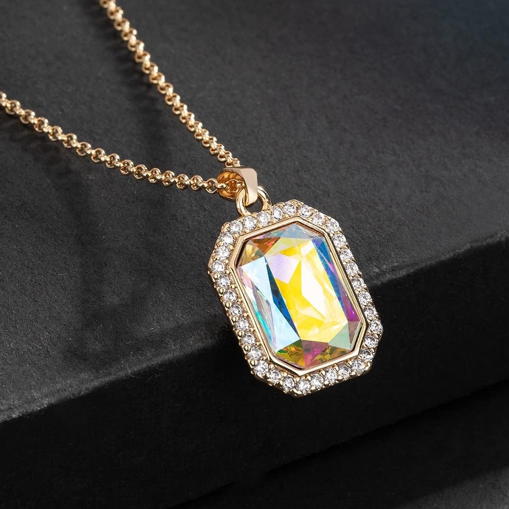 image:imageEVEVIC Austrian Crystal Octagon Pendant Necklaces Earrings Set for Women 14K Gold Plated Hypoallergenic Fashion Jewelry Sets Aurora Borealis