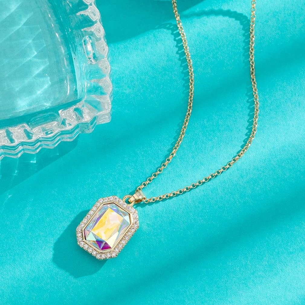 image:imageEVEVIC Austrian Crystal Octagon Pendant Necklaces Earrings Set for Women 14K Gold Plated Hypoallergenic Fashion Jewelry Sets Aurora Borealis