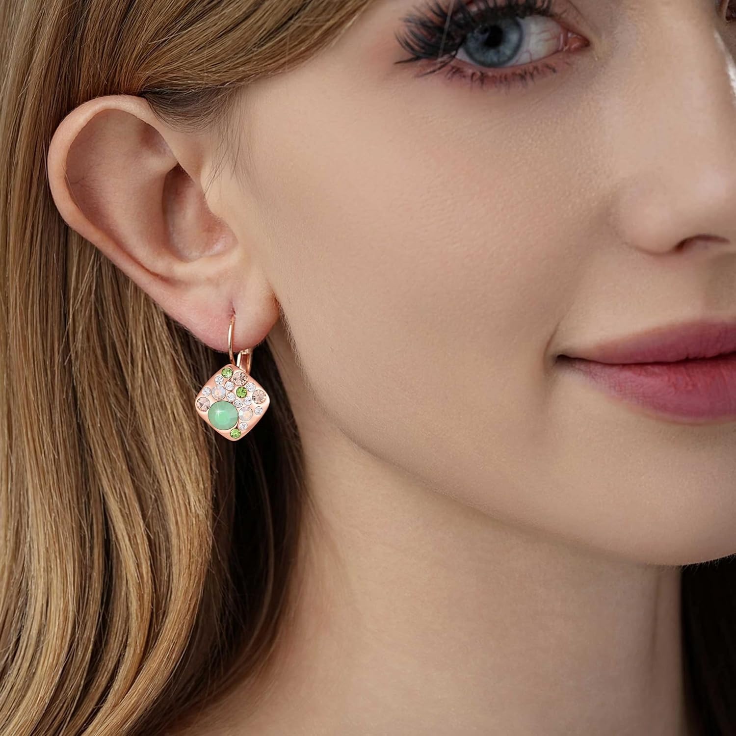 image:imageMulticolored Austrian Crystal Square Drop Leverback Earrings for Women 14K Gold Plated Huggie Earrings Hypoallergenic JewelryGreen OpalAurora Borealis Crystal