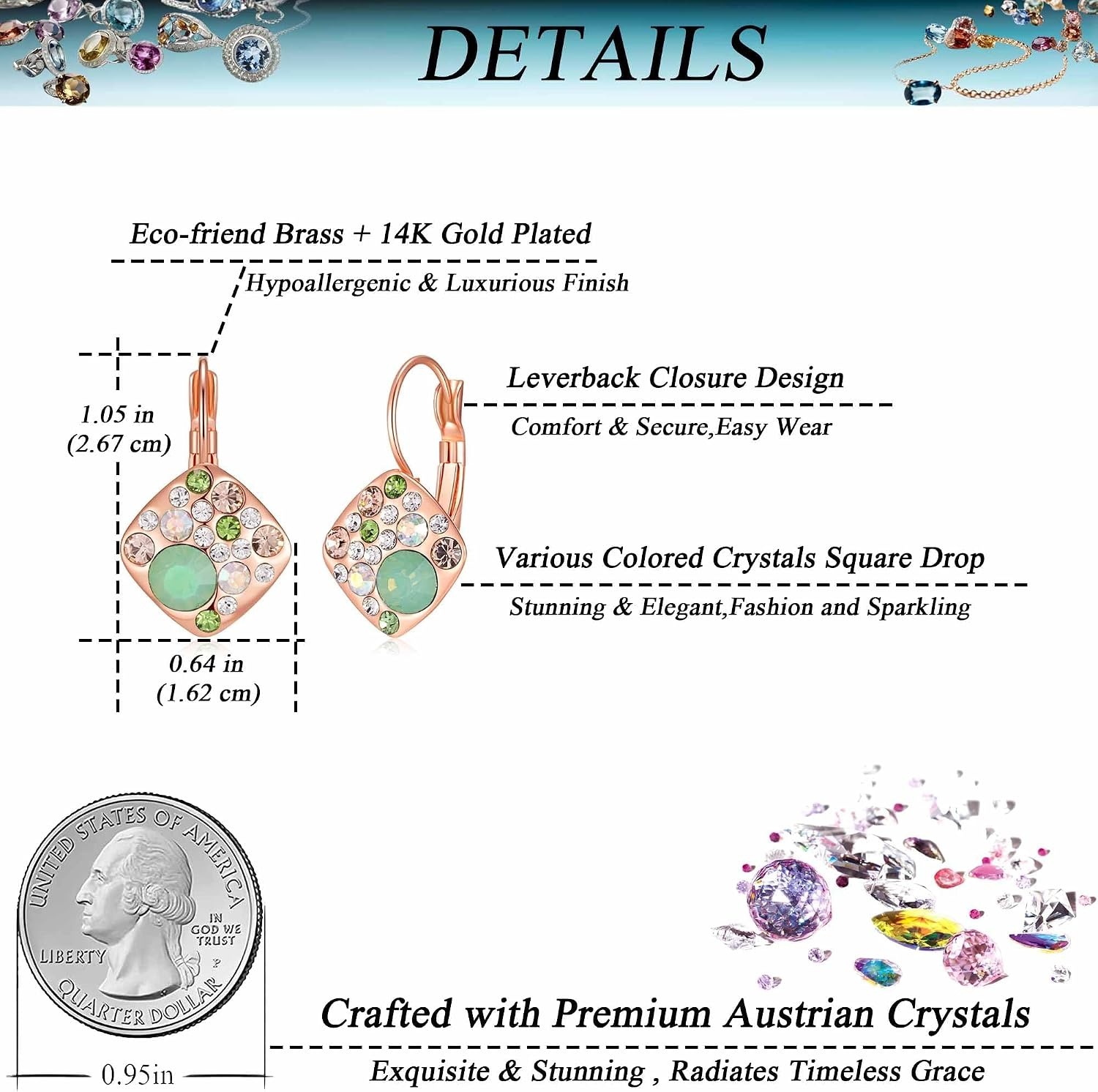 image:imageMulticolored Austrian Crystal Square Drop Leverback Earrings for Women 14K Gold Plated Huggie Earrings Hypoallergenic JewelryGreen OpalAurora Borealis Crystal