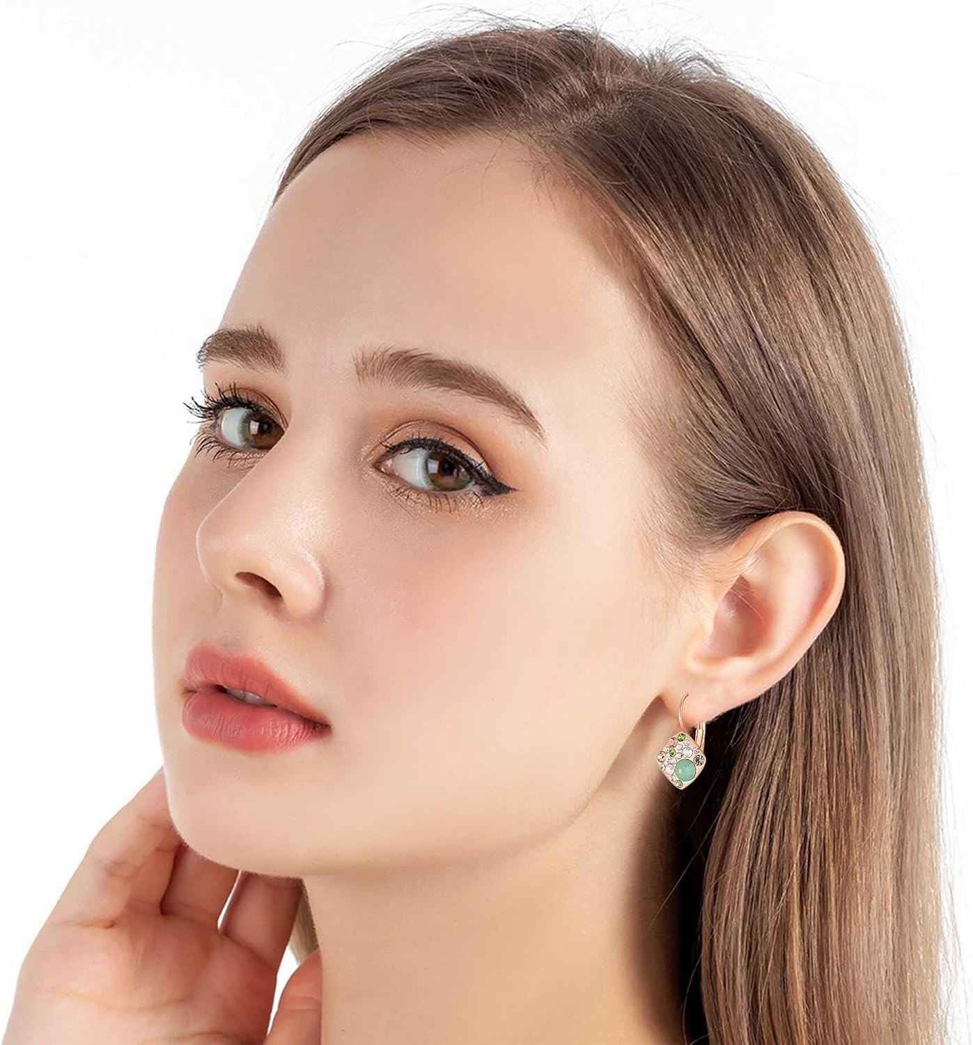 image:imageMulticolored Austrian Crystal Square Drop Leverback Earrings for Women 14K Gold Plated Huggie Earrings Hypoallergenic JewelryGreen OpalAurora Borealis Crystal