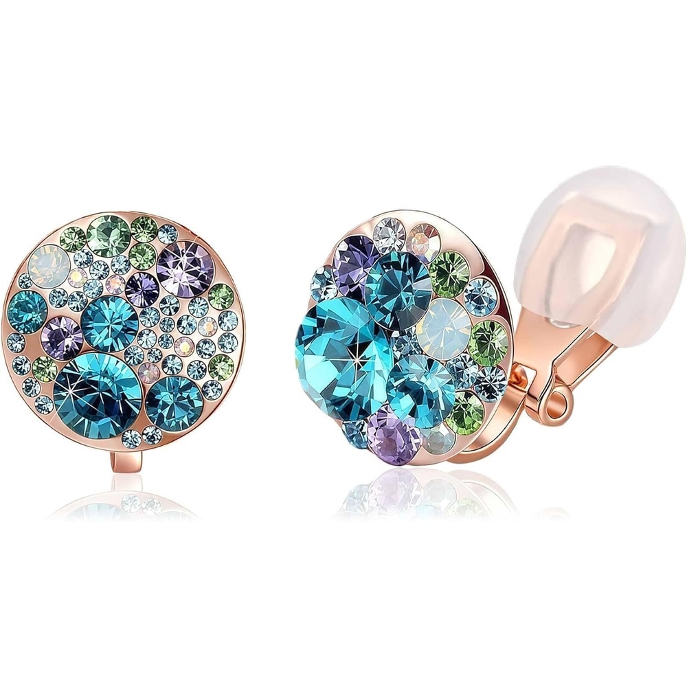 image:imageAustrian Crystal Multicolored Cilp On Earrings for Women  14K gold plated brasscolorful crystalnonpiercedsoft silicone padsgift boxBlue Green CrystalsRose Goldtone