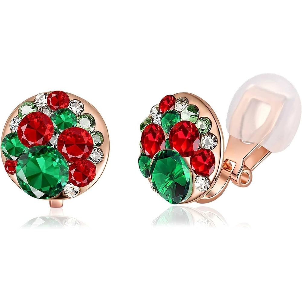 image:imageAustrian Crystal Multicolored Cilp On Earrings for Women  14K gold plated brasscolorful crystalnonpiercedsoft silicone padsgift boxChristmas Glow