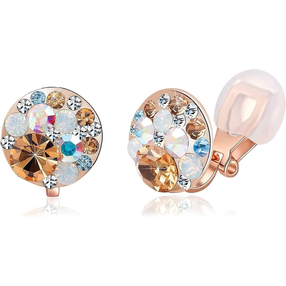 image:imageAustrian Crystal Multicolored Cilp On Earrings for Women  14K gold plated brasscolorful crystalnonpiercedsoft silicone padsgift boxGolden Main CrystalRose Goldtone