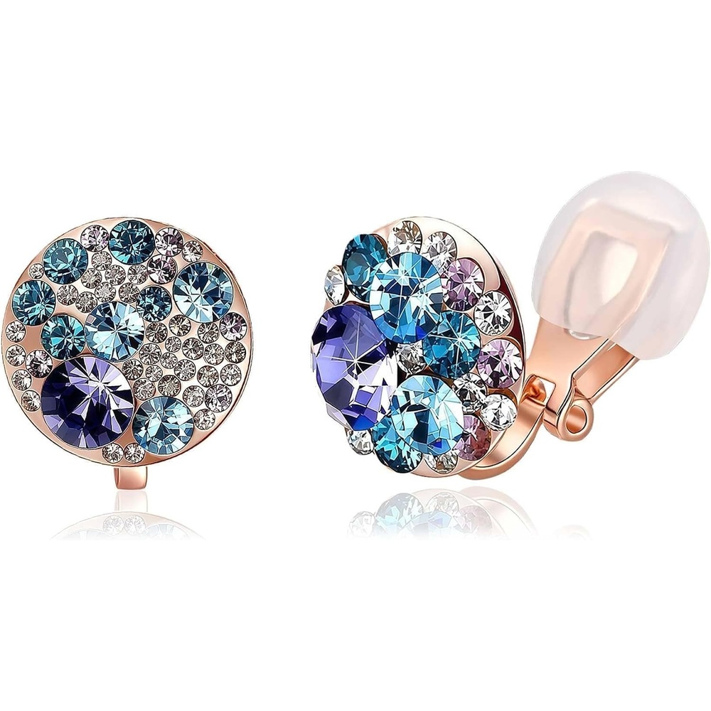 image:imageAustrian Crystal Multicolored Cilp On Earrings for Women  14K gold plated brasscolorful crystalnonpiercedsoft silicone padsgift boxPurple Main CrystalRose Goldtone