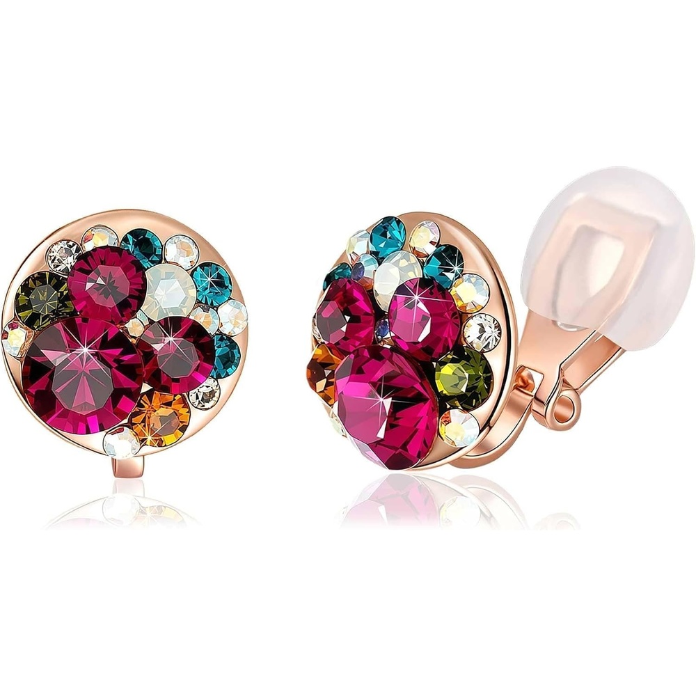image:imageAustrian Crystal Multicolored Cilp On Earrings for Women  14K gold plated brasscolorful crystalnonpiercedsoft silicone padsgift boxRose Main CrystalRose Goldtone