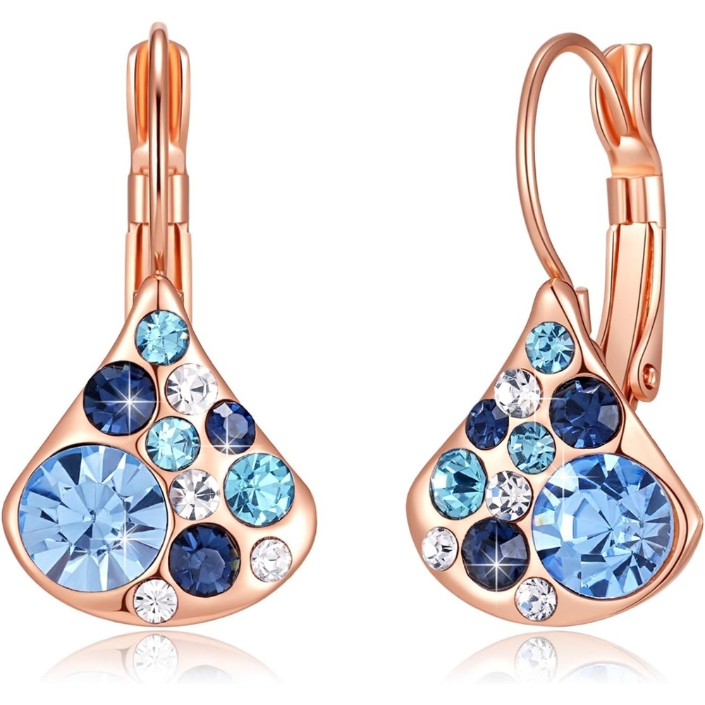 image:imageAustrian Crystal Multicolored Pear Dangle Drop Earrings for Women  14K gold plated brasscolorful crystalleverback claspgift boxPearshaped designBlue Main CrystalRose Goldtone