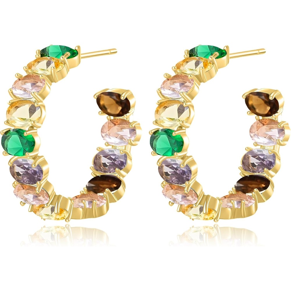 image:imageDazzling Multicolor Austrian Crystal 14K Gold Plated Hoop Earrings for Women Fashion Hypoallergenic Jewelry GiftMulticolored Goldtone