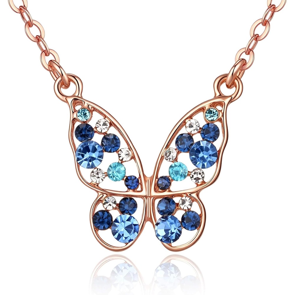 image:imageEVEVIC Austrian Crystal Colorful Butterfly Pendant Necklace for Women  162 adjustable chain14K gold plated brassmulticolored austrian crystallobster claspgift boxdelicate butterfly designBlue Green CrystalsRose Goldtone