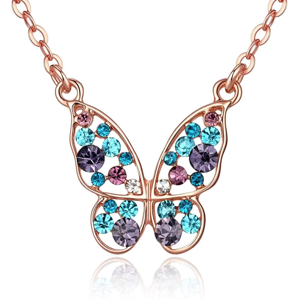 image:imageEVEVIC Austrian Crystal Colorful Butterfly Pendant Necklace for Women  162 adjustable chain14K gold plated brassmulticolored austrian crystallobster claspgift boxdelicate butterfly designPurple Main CrystalRose Goldtone