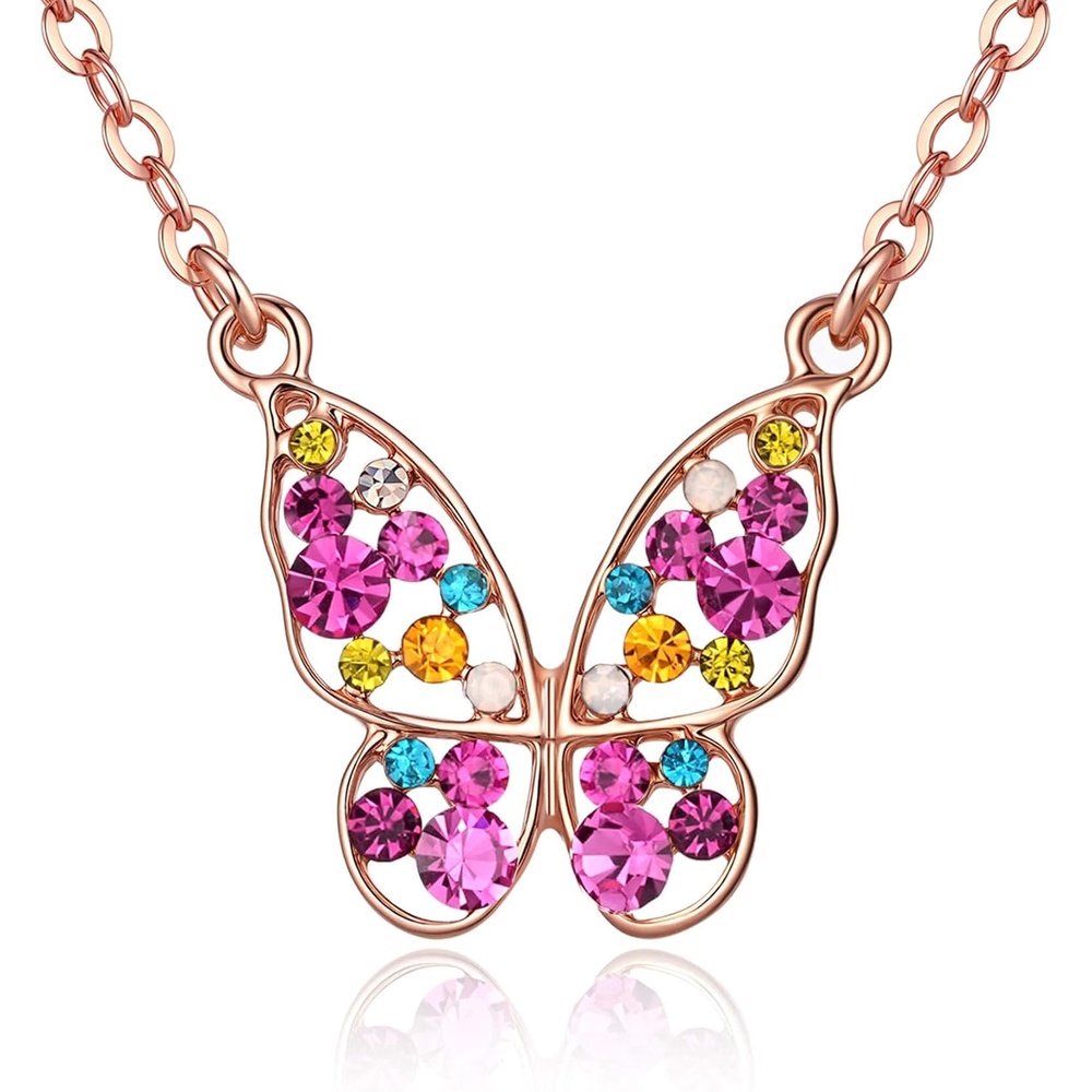 image:imageEVEVIC Austrian Crystal Colorful Butterfly Pendant Necklace for Women  162 adjustable chain14K gold plated brassmulticolored austrian crystallobster claspgift boxdelicate butterfly designRose Main CrystalRose Goldtone