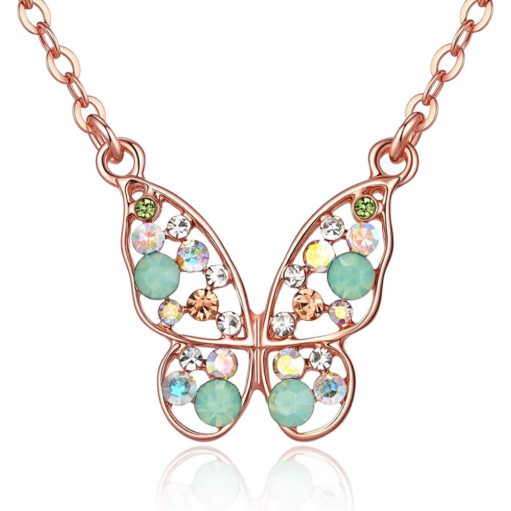 image:imageEVEVIC Austrian Crystal Colorful Butterfly Pendant Necklace for Women  162 adjustable chain14K gold plated brassmulticolored austrian crystallobster claspgift boxdelicate butterfly designGreen OpalAurora Borealis Crystal