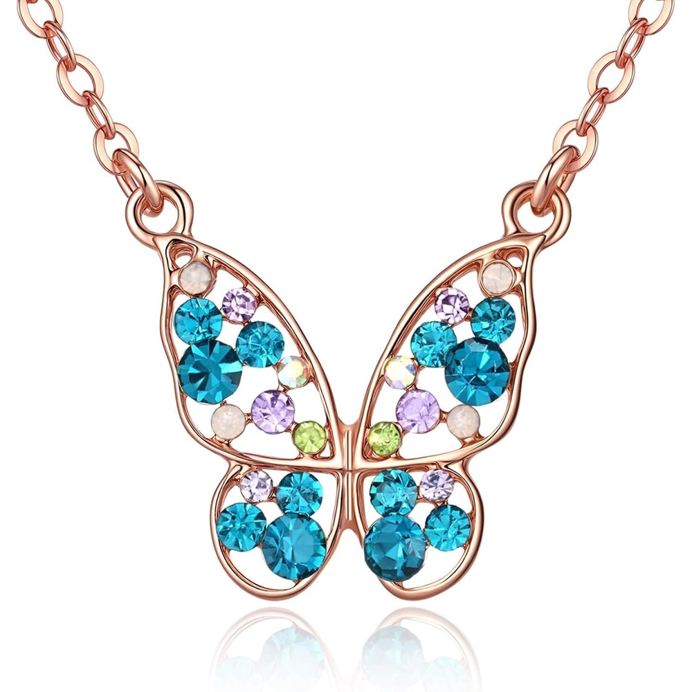 image:imageEVEVIC Austrian Crystal Colorful Butterfly Pendant Necklace for Women  162 adjustable chain14K gold plated brassmulticolored austrian crystallobster claspgift boxdelicate butterfly designBlue Main CrystalRose Goldtone