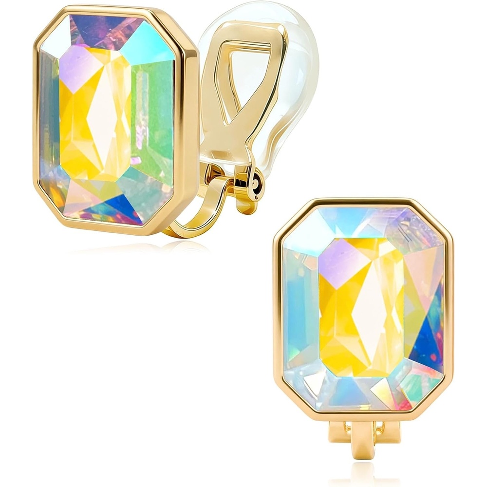 image:imageEVEVIC Austrian Crystal Octagon Clip On Earrings for Women Fashion 14K Gold Plated Non Pierced for Sensitive Ears Jewelry GiftsAurora Borealis