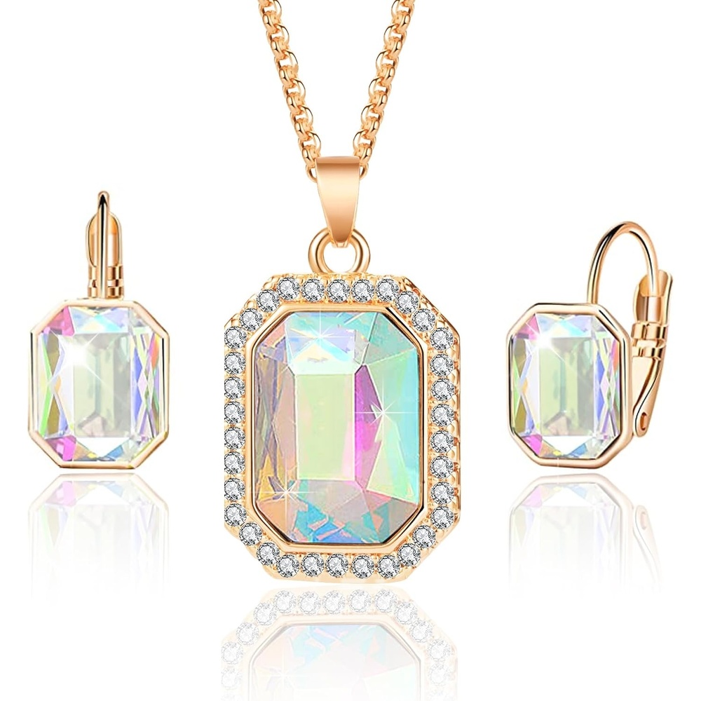 image:imageEVEVIC Austrian Crystal Octagon Pendant Necklaces Earrings Set for Women 14K Gold Plated Hypoallergenic Fashion Jewelry Sets Aurora Borealis