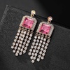 image:imageAustrian Crystal Square Tassel Dangle Drop Earrings for Women  14K gold plated brassSquare Austrian CrystalSparkle CZ TasselProm Party EarringsRose Pink
