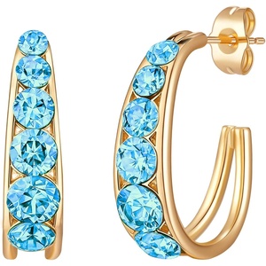 image:imageAustrian Crystal Chunky Half Hoop Dangle Earrings for Women  14K gold plated brassround austrian crystalchunky hoop earringsbutterfly claspgift boxAquamarine