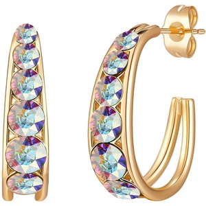 image:imageAustrian Crystal Chunky Half Hoop Dangle Earrings for Women  14K gold plated brassround austrian crystalchunky hoop earringsbutterfly claspgift boxAurora Borealis