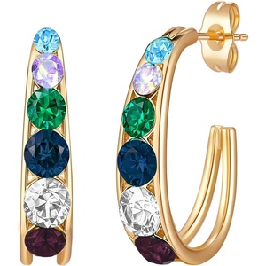 image:imageAustrian Crystal Chunky Half Hoop Dangle Earrings for Women  14K gold plated brassround austrian crystalchunky hoop earringsbutterfly claspgift boxMultiColored