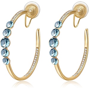 image:imageAustrian Crystal Clip On Hoop Earrings for Women  14K gold plated brassround crystalnonpierced cliponsoft silicone padsgift boxAquamarine