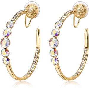 image:imageAustrian Crystal Clip On Hoop Earrings for Women  14K gold plated brassround crystalnonpierced cliponsoft silicone padsgift boxAurora Borealis