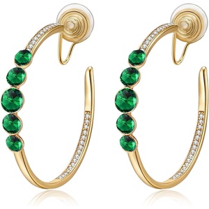 image:imageAustrian Crystal Clip On Hoop Earrings for Women  14K gold plated brassround crystalnonpierced cliponsoft silicone padsgift boxEmerald