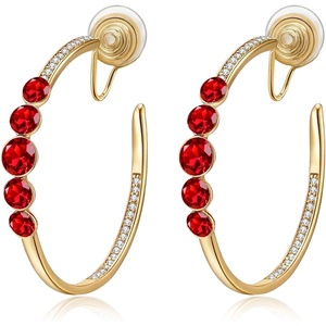 image:imageAustrian Crystal Clip On Hoop Earrings for Women  14K gold plated brassround crystalnonpierced cliponsoft silicone padsgift boxRed