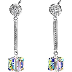 image:imageAustrian Crystal Cube Dangle Drop Earrings for Women  925 Sterling Silver Posttassel chian14K white gold plated brassgift boxAurora Borealis