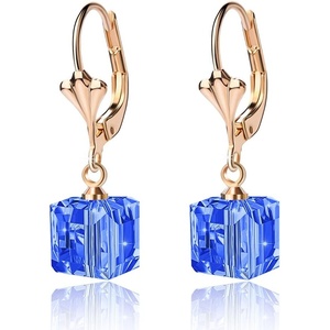 image:imageAustrian Crystal Cube Drop Earrings for Women Leverback Dangle Earrings 14K Gold Plated Hypoallergenic JewelrySapphire