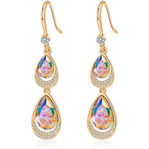 image:imageAustrian Crystal Double Teardrop Dangle Hook Earrings for Women  14K gold plated brasstwinkle teardrop crystalsgift boxdrop earringsAurora Borealis
