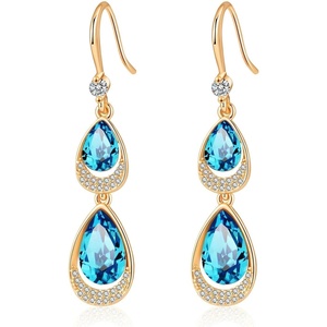 image:imageAustrian Crystal Double Teardrop Dangle Hook Earrings for Women  14K gold plated brasstwinkle teardrop crystalsgift boxdrop earringsBermuda Blue
