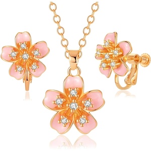 image:imageAustrian Crystal Enamel Flower Earrings and Necklace Jewelry Sets for Women  14K gold plated brasscute flowershaped designgift box162 adjustable chainwomens jewelry setPink