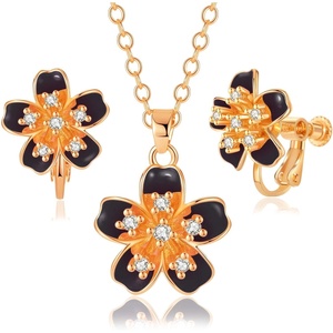 image:imageAustrian Crystal Enamel Flower Earrings and Necklace Jewelry Sets for Women  14K gold plated brasscute flowershaped designgift box162 adjustable chainwomens jewelry setBlack