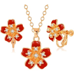 image:imageAustrian Crystal Enamel Flower Earrings and Necklace Jewelry Sets for Women  14K gold plated brasscute flowershaped designgift box162 adjustable chainwomens jewelry setRed