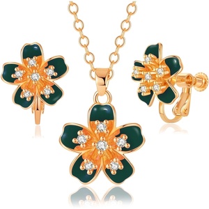 image:imageAustrian Crystal Enamel Flower Earrings and Necklace Jewelry Sets for Women  14K gold plated brasscute flowershaped designgift box162 adjustable chainwomens jewelry setGreen