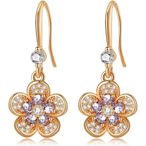 image:imageAustrian Crystal Flower Dangle Drop Earrings for Women 14K Gold Plated Hypoallergenic JewelryPurple Main Crystal