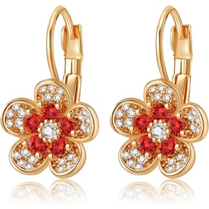 image:imageAustrian Crystal Flower Drop Leverback Earrings for Women 14K Gold Plated Hypoallergenic JewelryRed Main Crystal